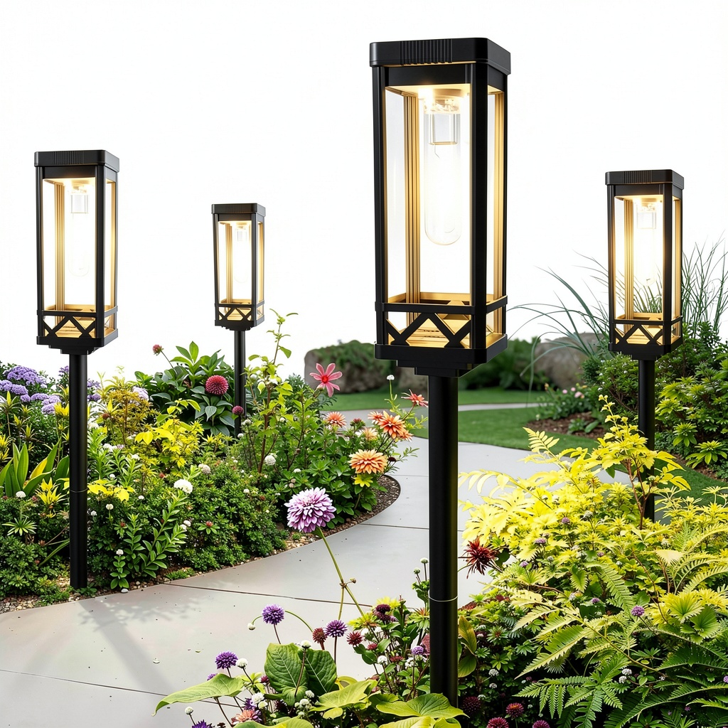 Pavo solar pathway lights illuminating a garden path at night